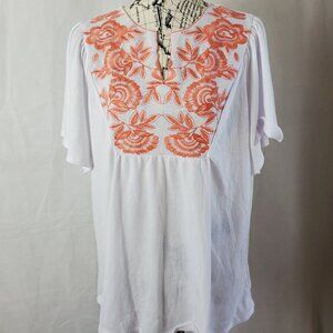 Fair Haven Ruffled Short Sleeve White Textured & Coral Embroidered Accent - 2X